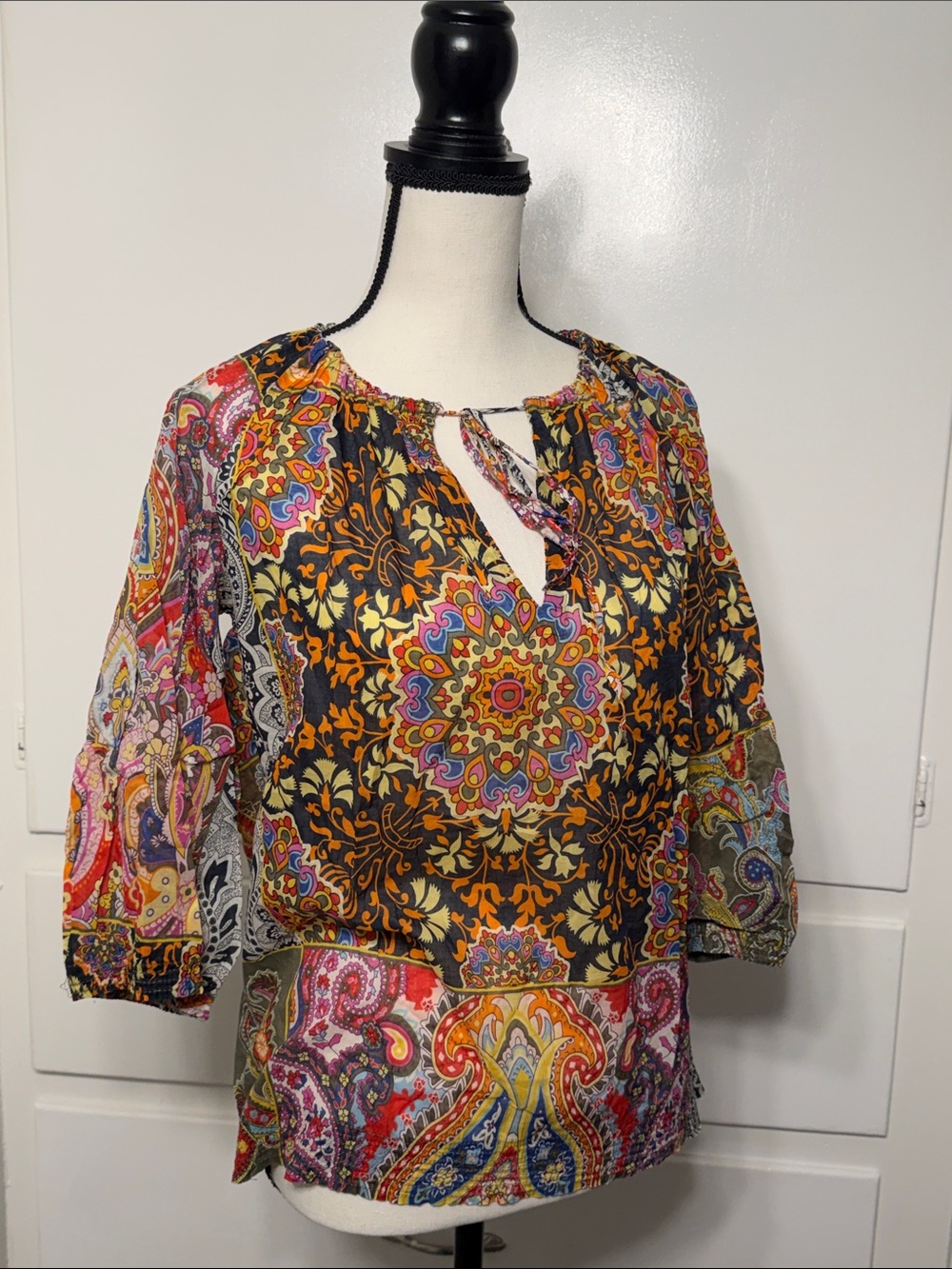Promod Multicolor Paisley Medallion Peasant Top Y2K